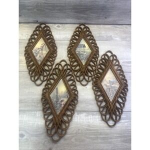Country Scene #1350 Diamond Plaques Burwood Set Rustic Set Of 4 Wall Hanging Vtg